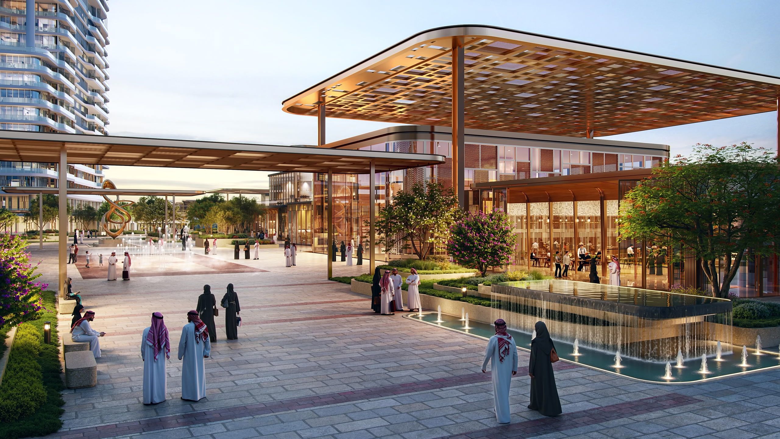 The plaza at Sumou Center under shade canopies