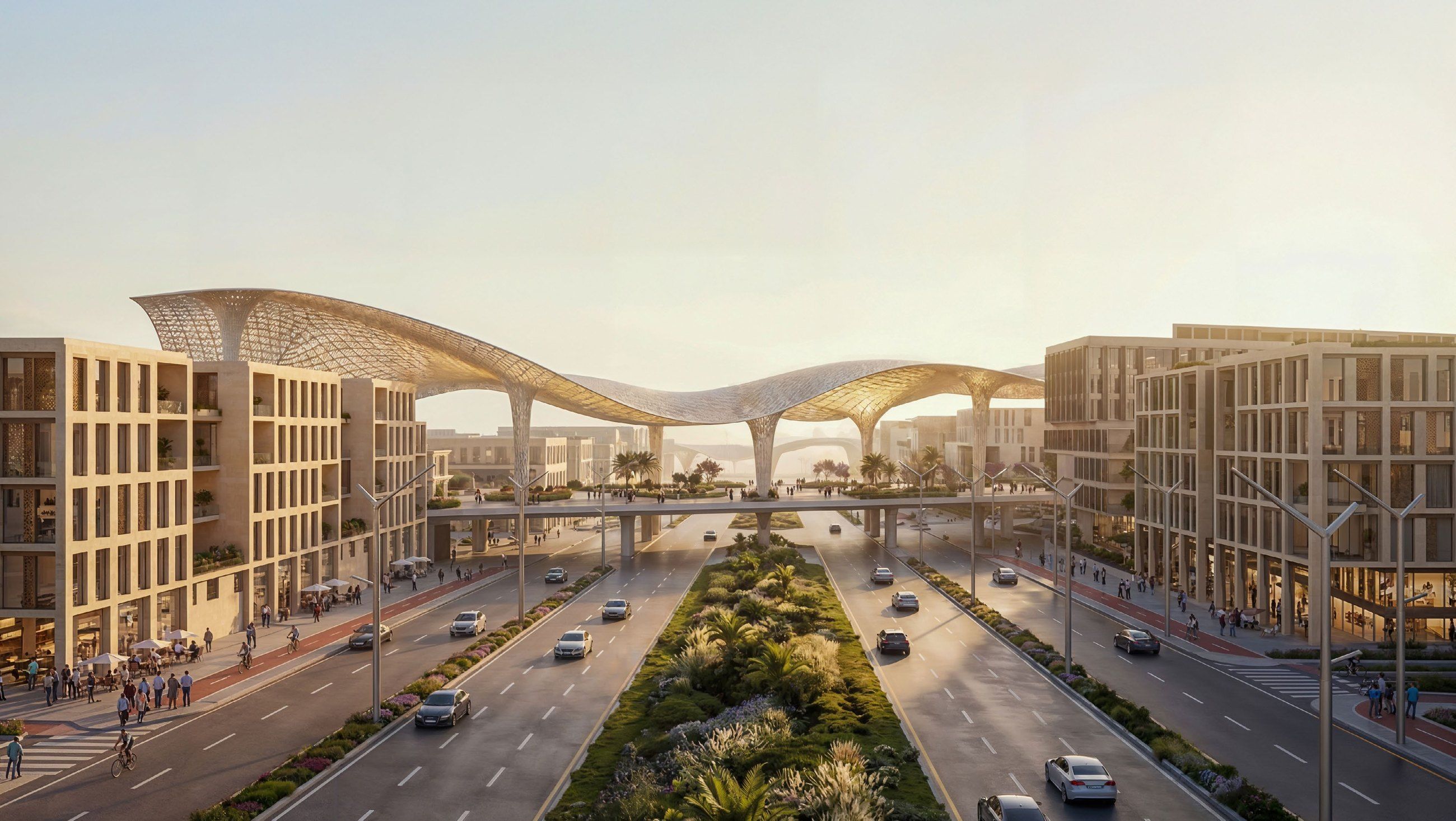 The canopy spanning the boulevard at golden hour