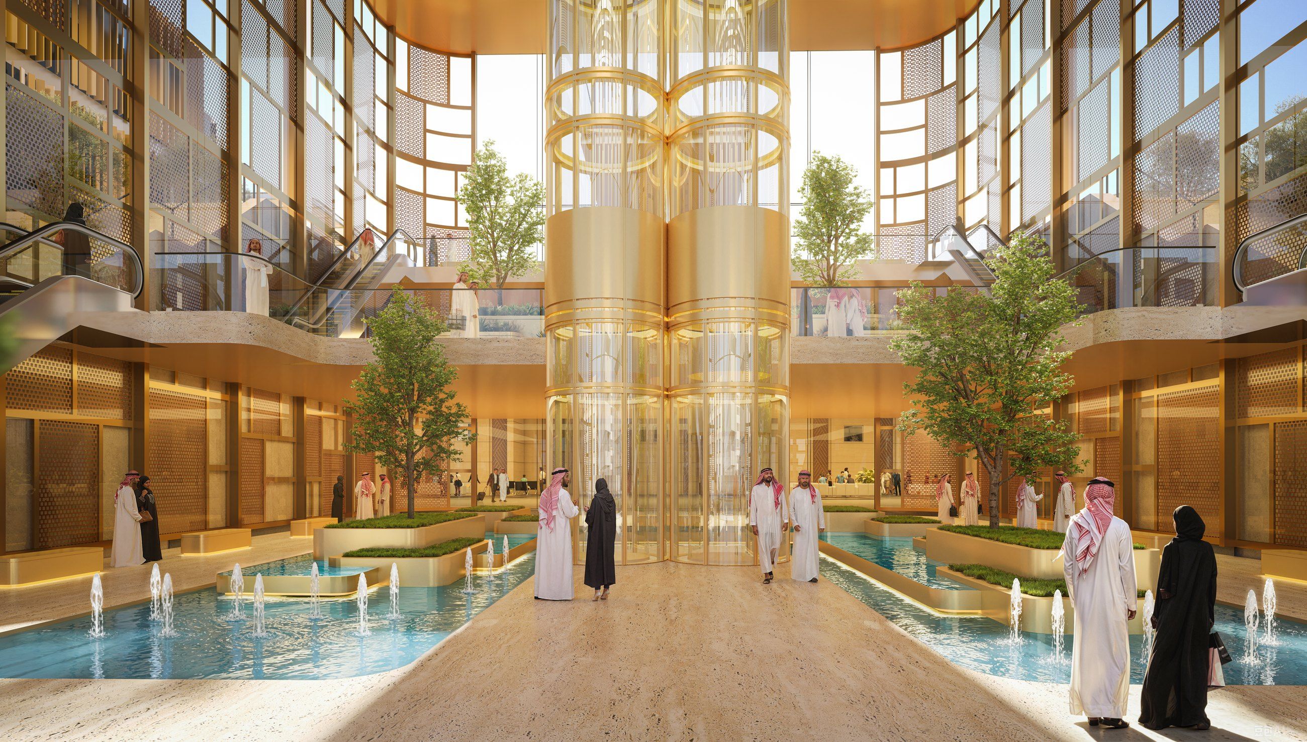 The atrium with water and a glass lift