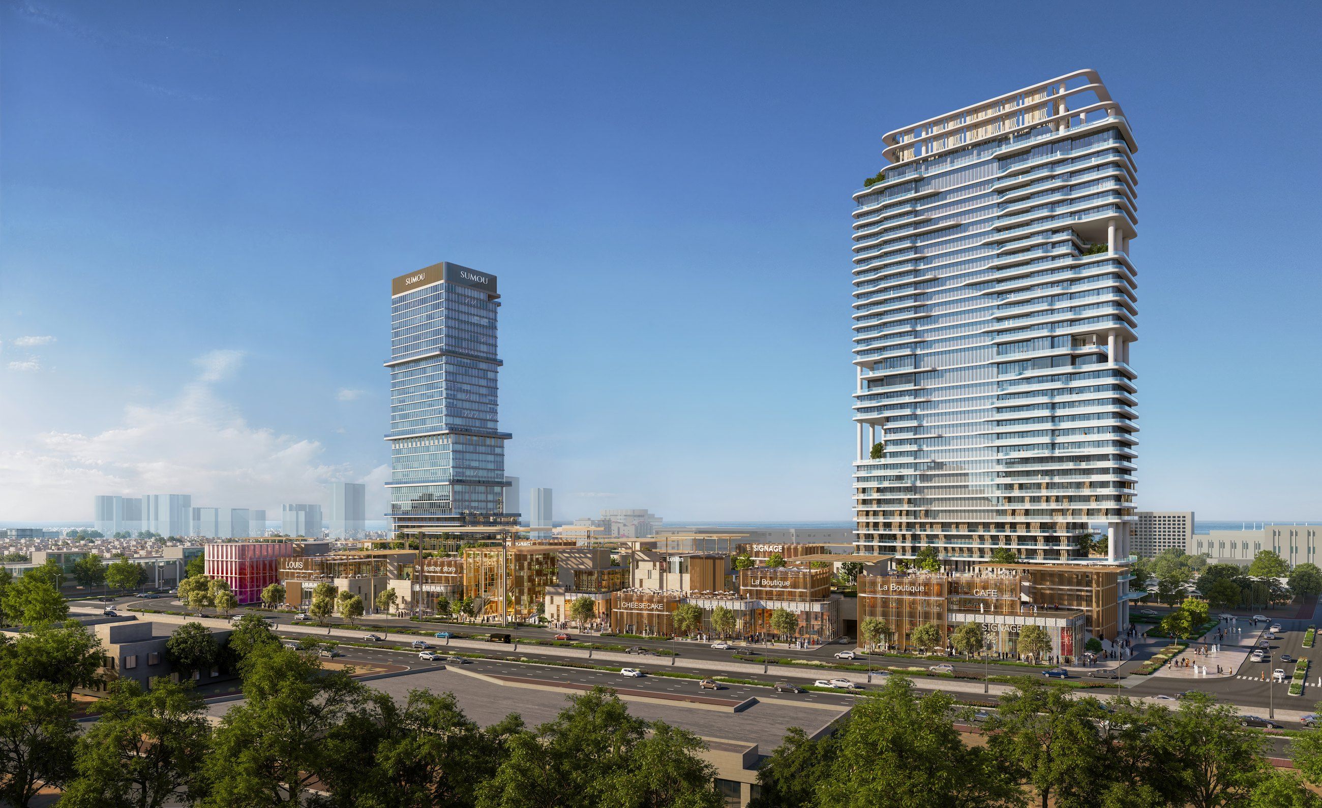 The office and residential towers by day