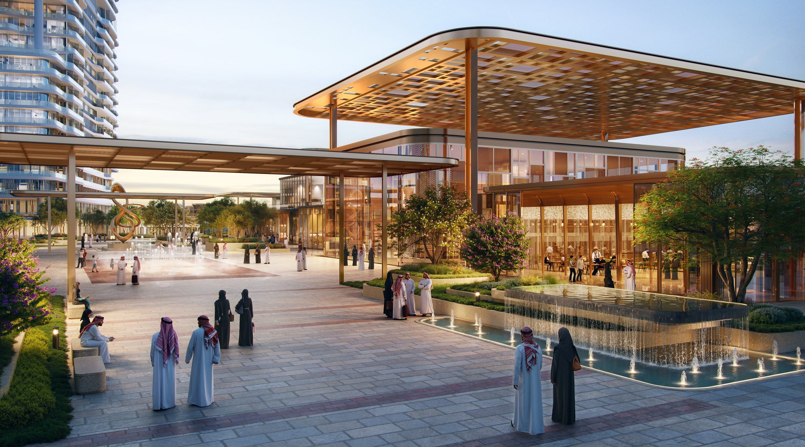 The plaza under the lattice canopy, with water