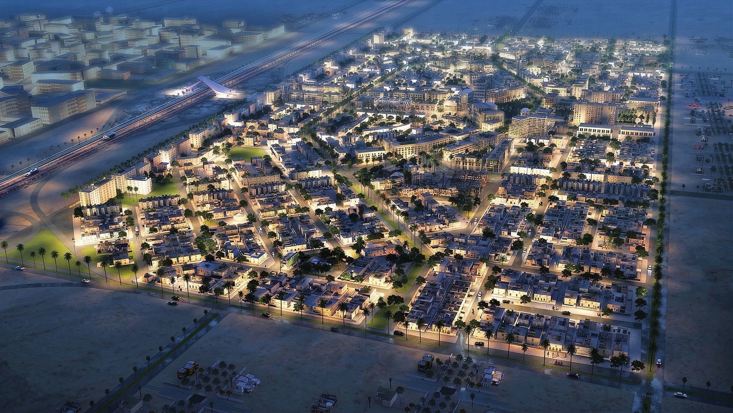 Aerial view of Dhahiat Sumou at dusk