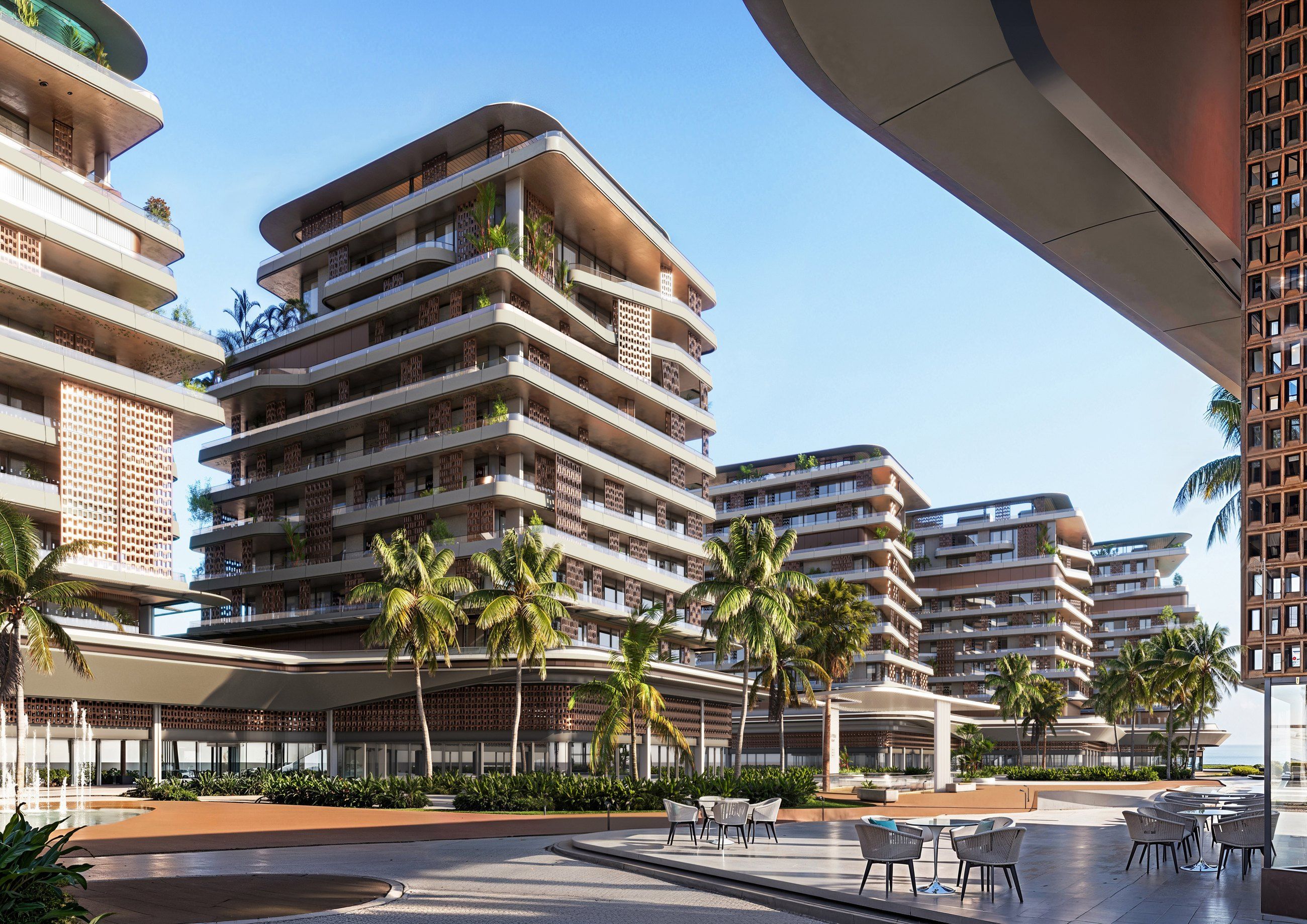 Terraced residences over a pool deck