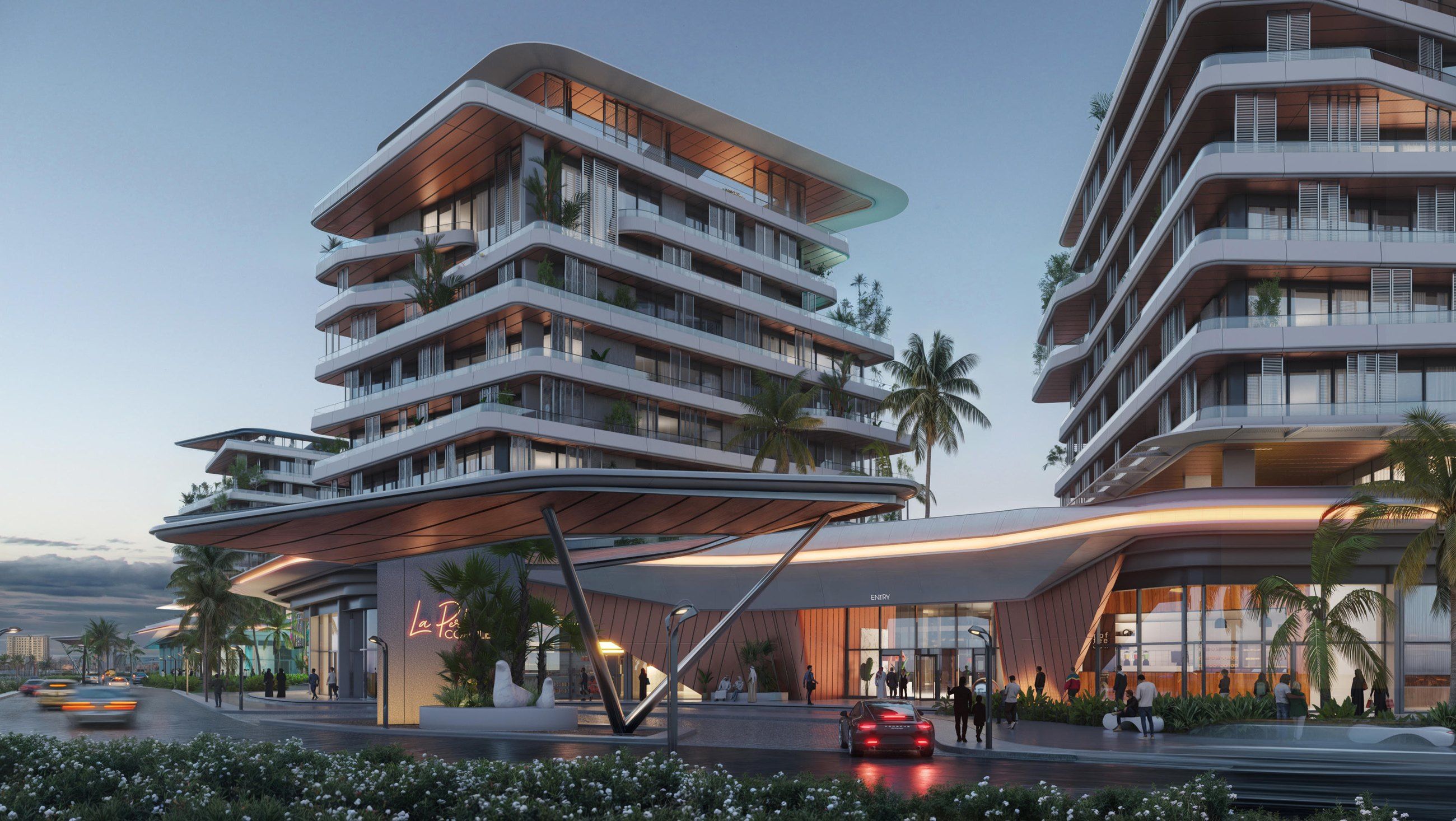 The residences from the waterfront at golden hour