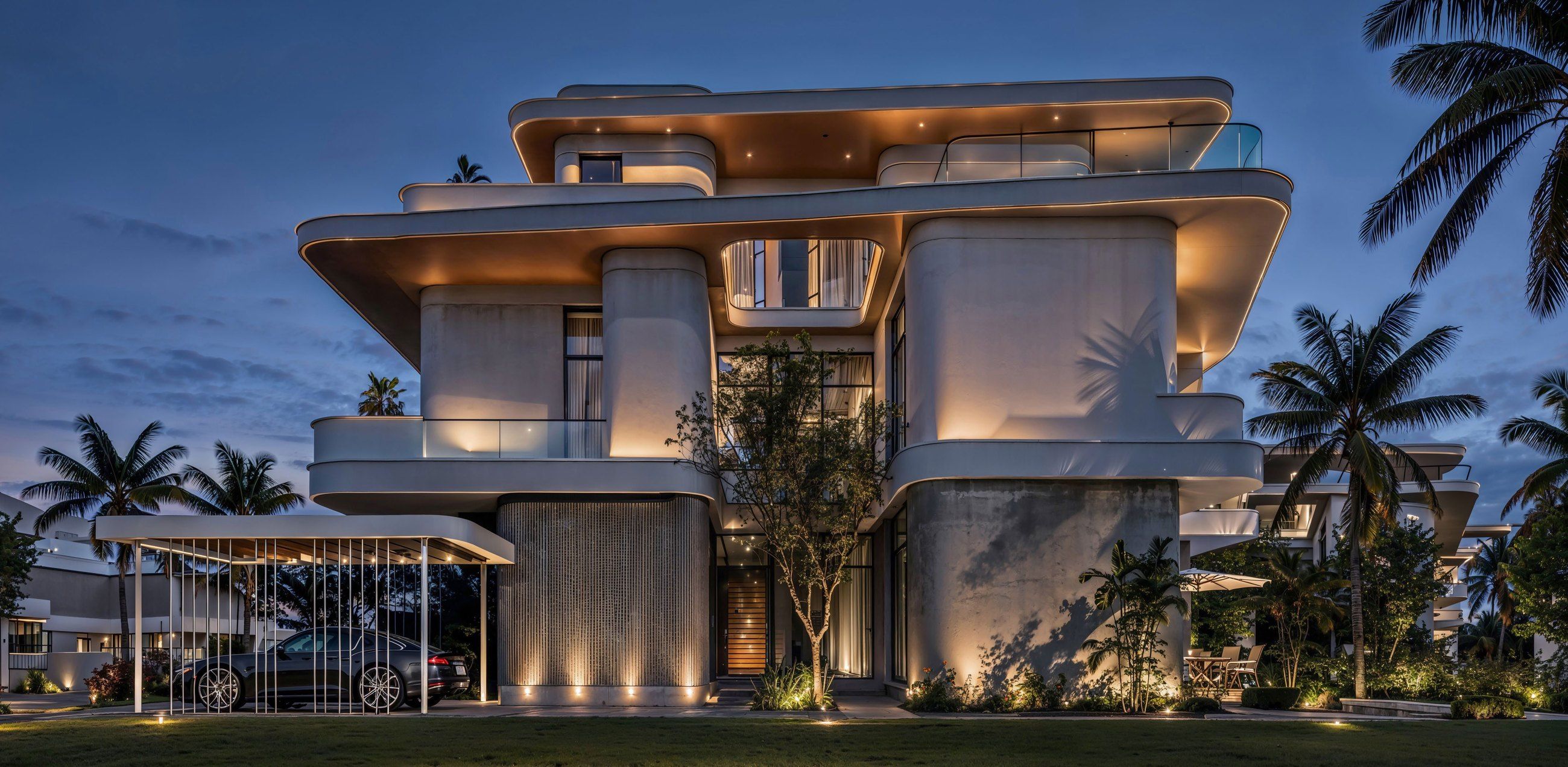 A villa at dusk, lit from within