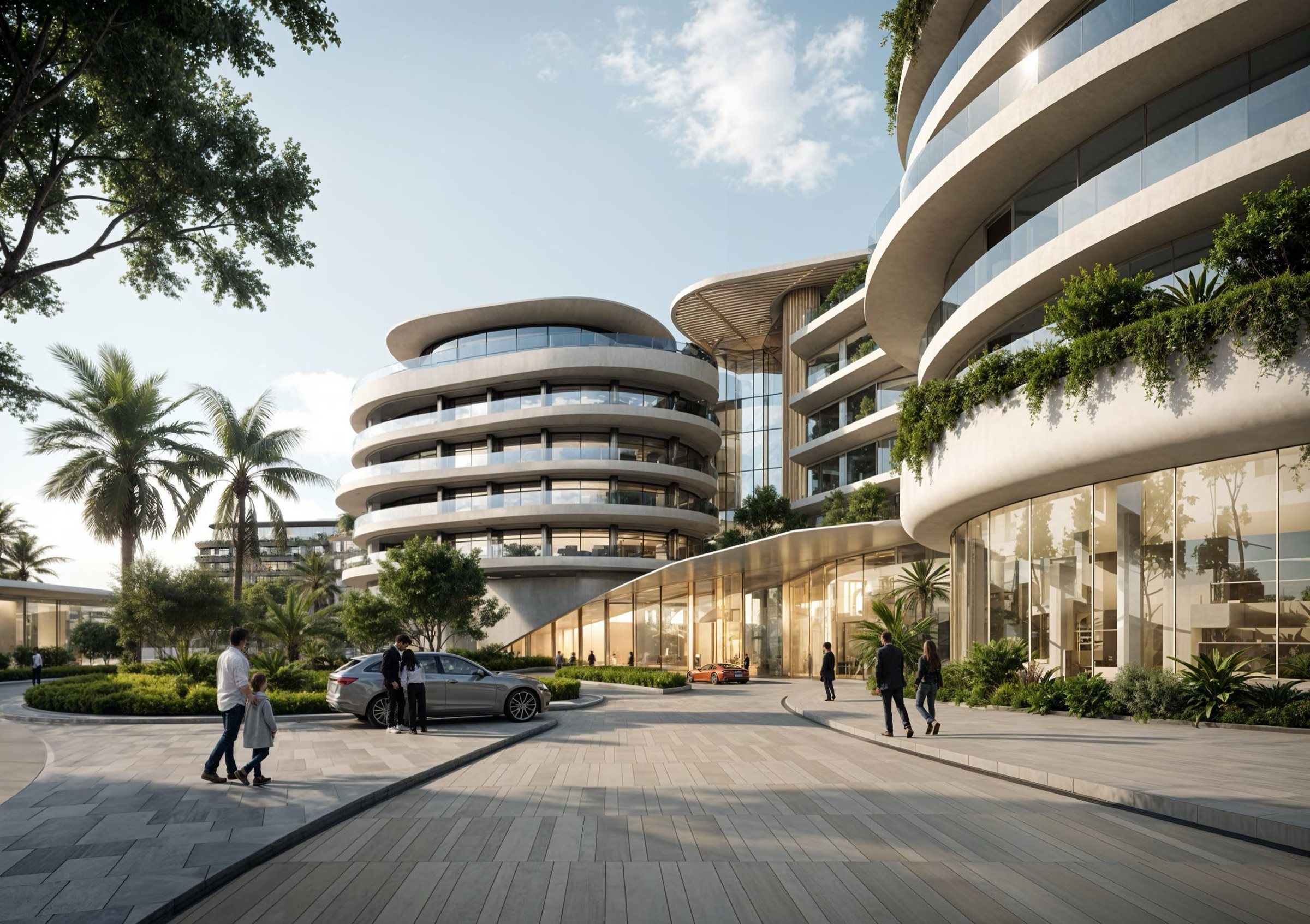 The arrival street between curved buildings