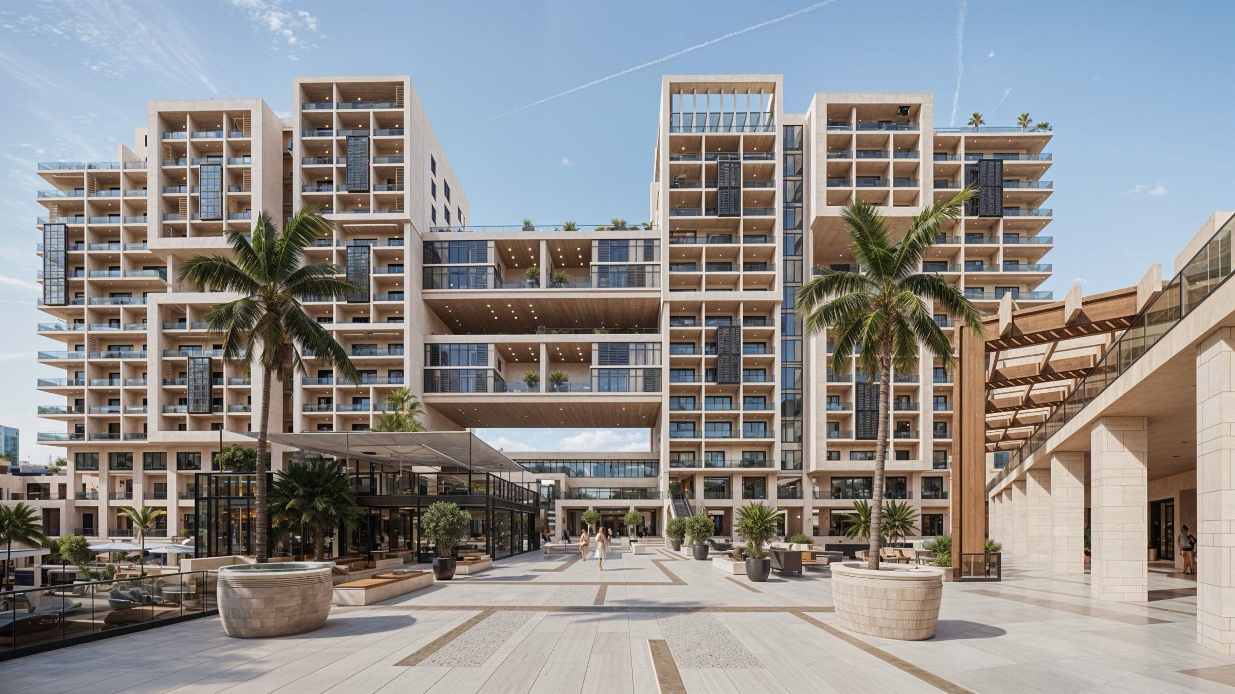 The buildings above a plaza with palms