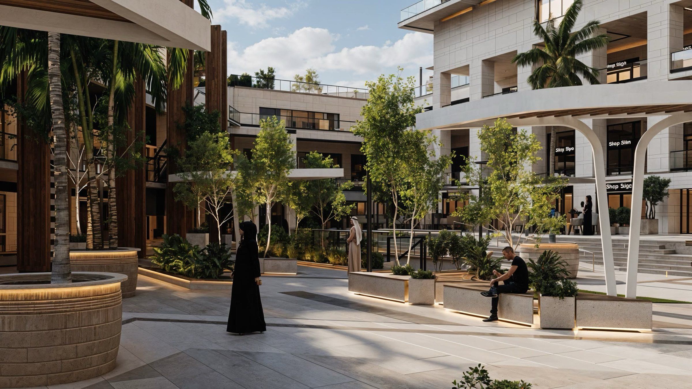 A shaded colonnade with planting