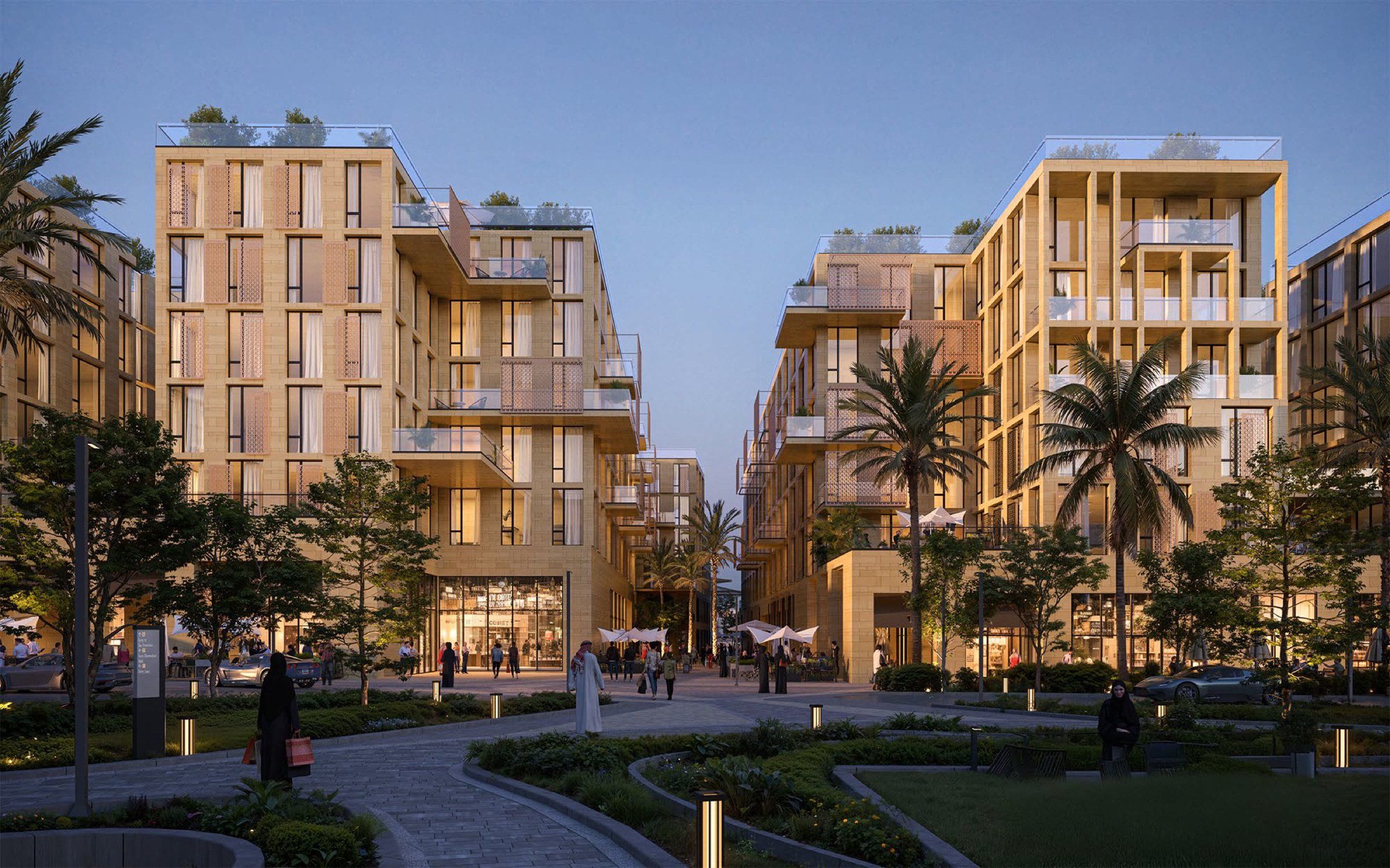 A courtyard between the buildings at dusk